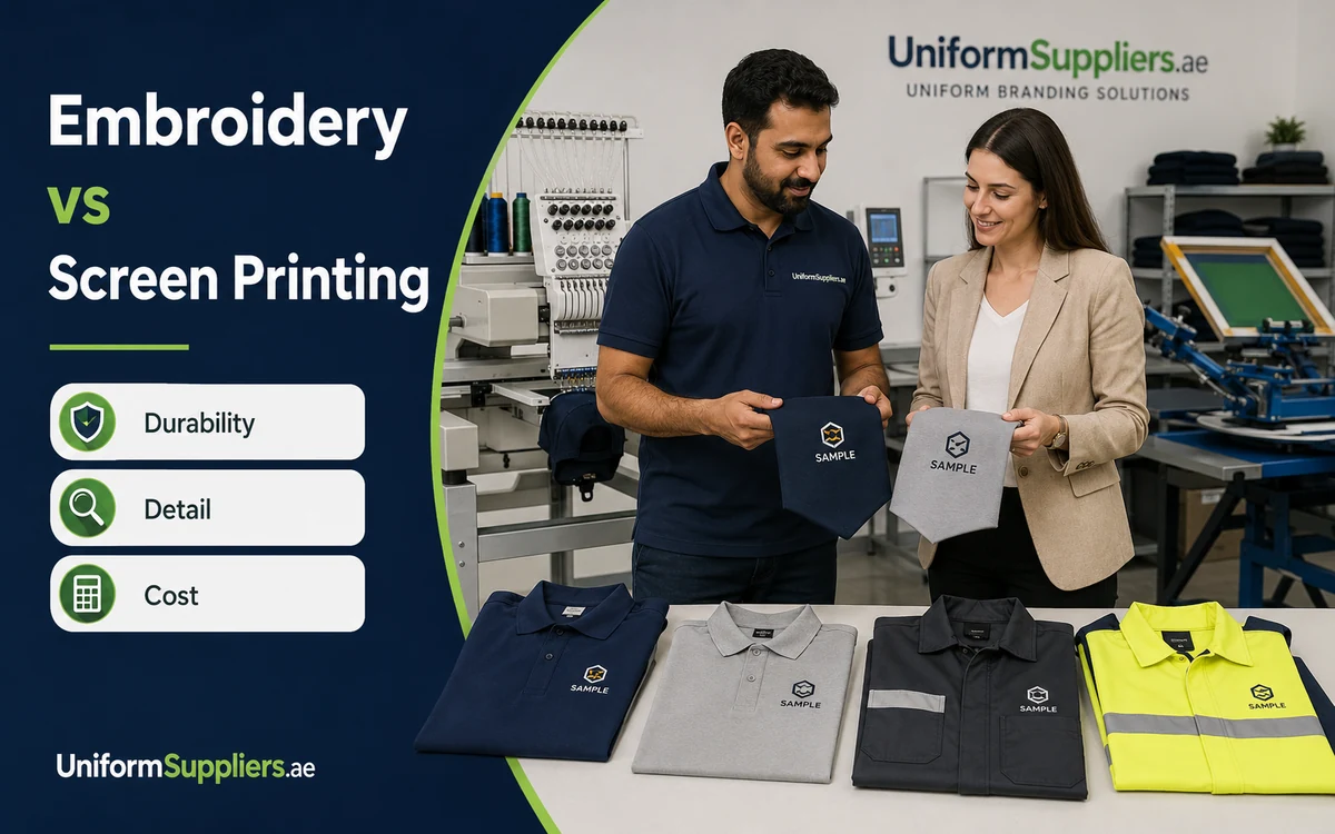 Embroidery vs screen printing comparison hero image for UAE uniform branding