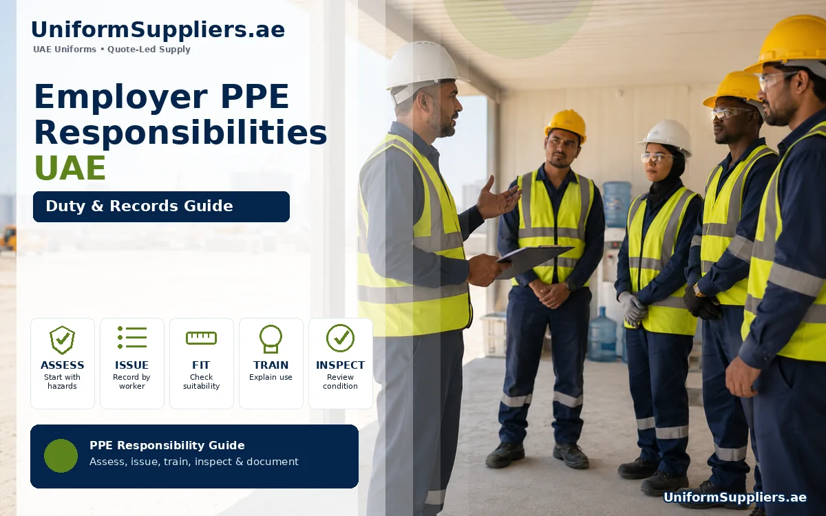 HSE manager briefing workers in high-visibility workwear beside a shaded rest area on a UAE site