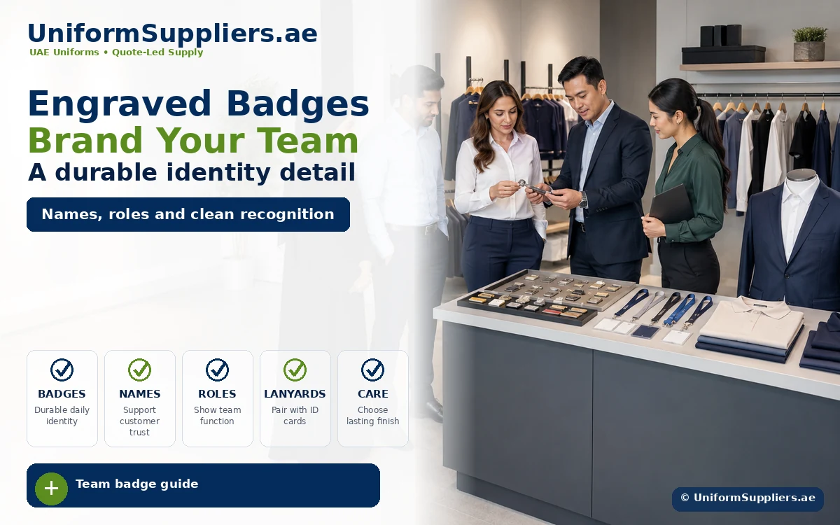 UniformSuppliers.ae banner: professionals in a clothing store reviewing engraved badges at a counter, with the headline Engraved Badges and Brand Your Team in bold text.