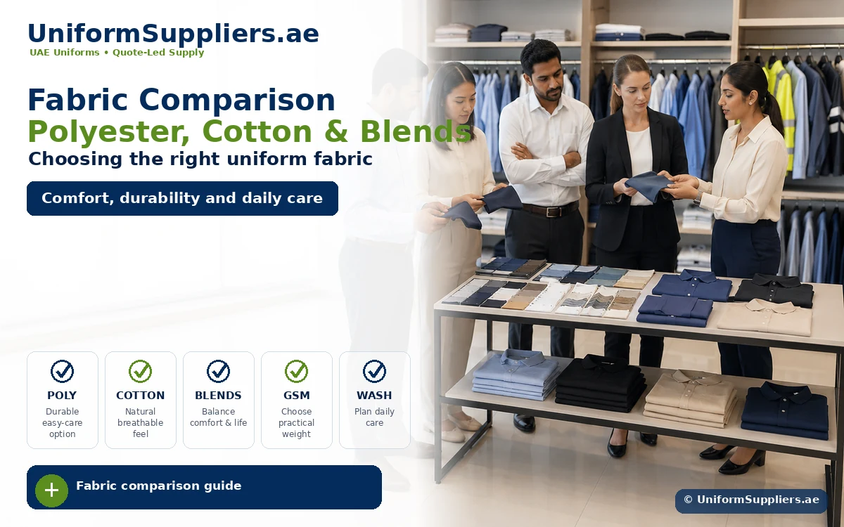 Uniform Suppliers banner: four professionals examining fabric swatches for polyester, cotton and blends with a 'Fabric comparison guide' CTA.