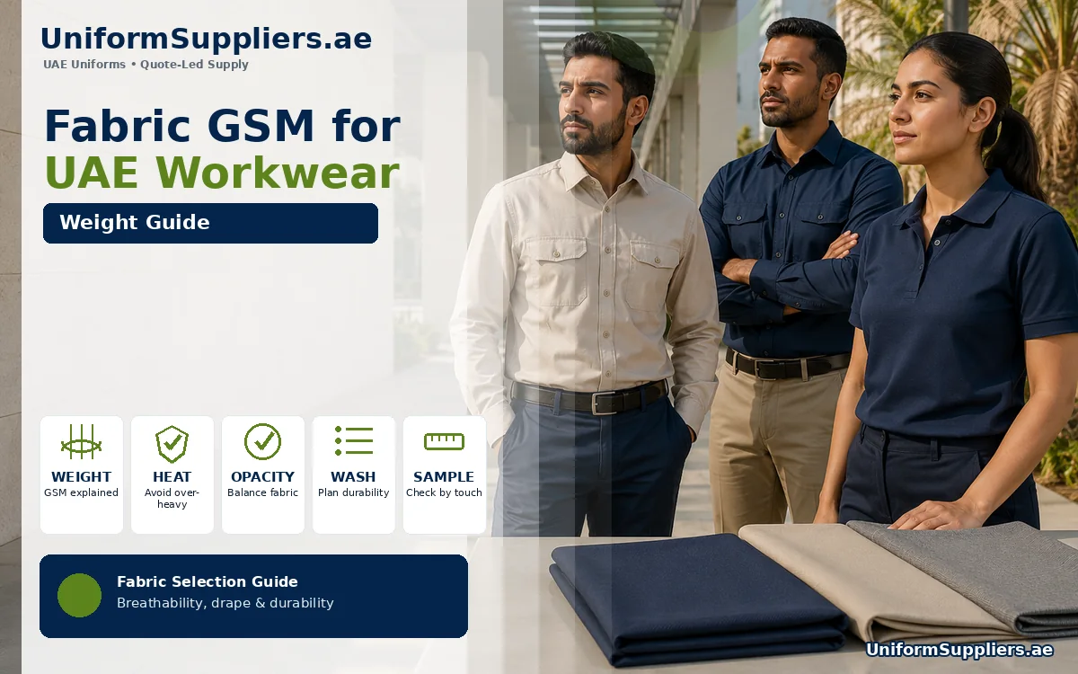 Workwear shirts and fabric swatches in different weights shown in bright natural UAE daylight