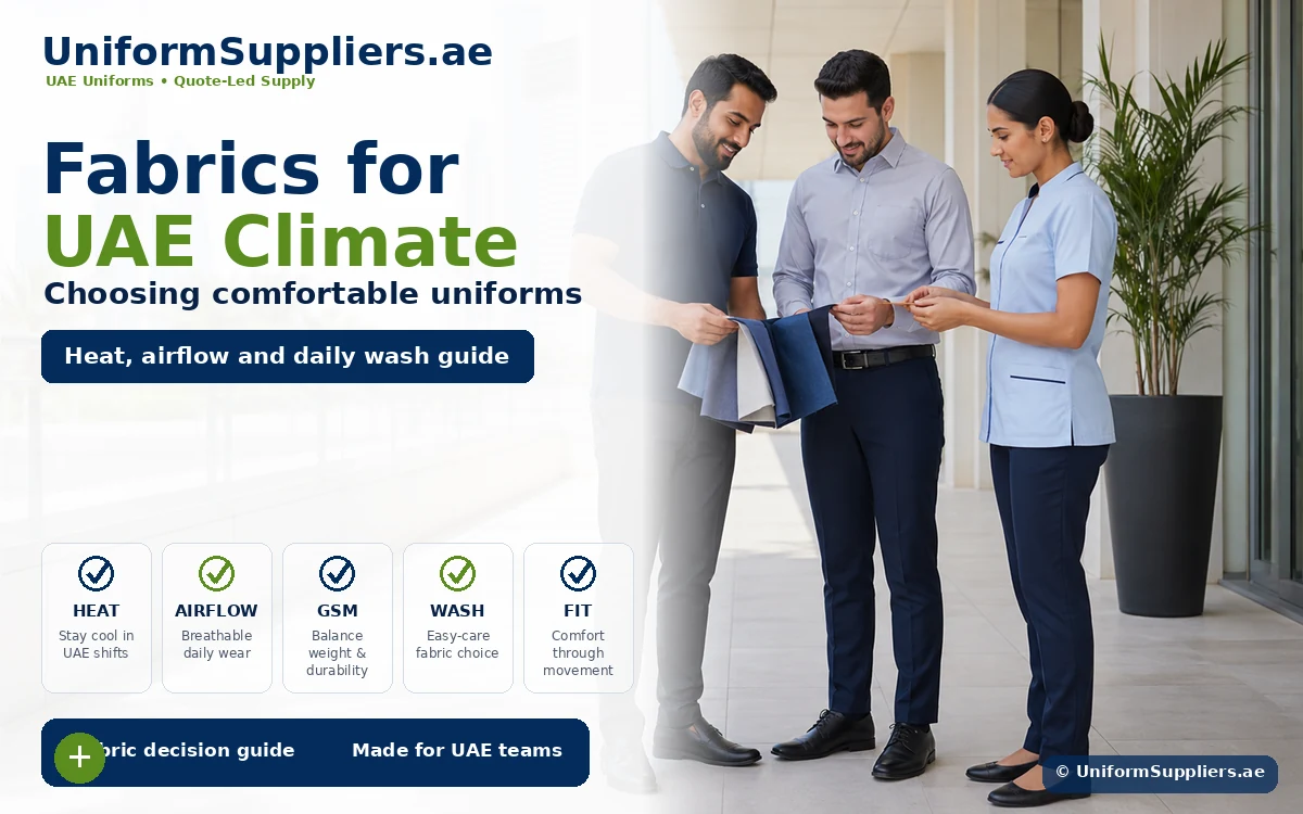Banner for UAE climate fabrics showing three staff in uniforms comparing fabric swatches in a bright showroom, promoting comfort and airflow.