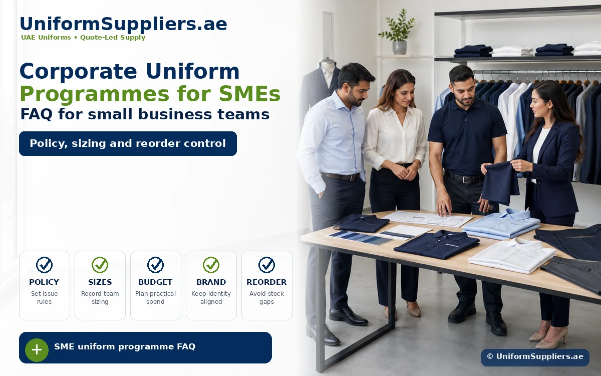 Hero banner promoting SME corporate uniform programmes: group of professionals examining fabrics at a showroom table.