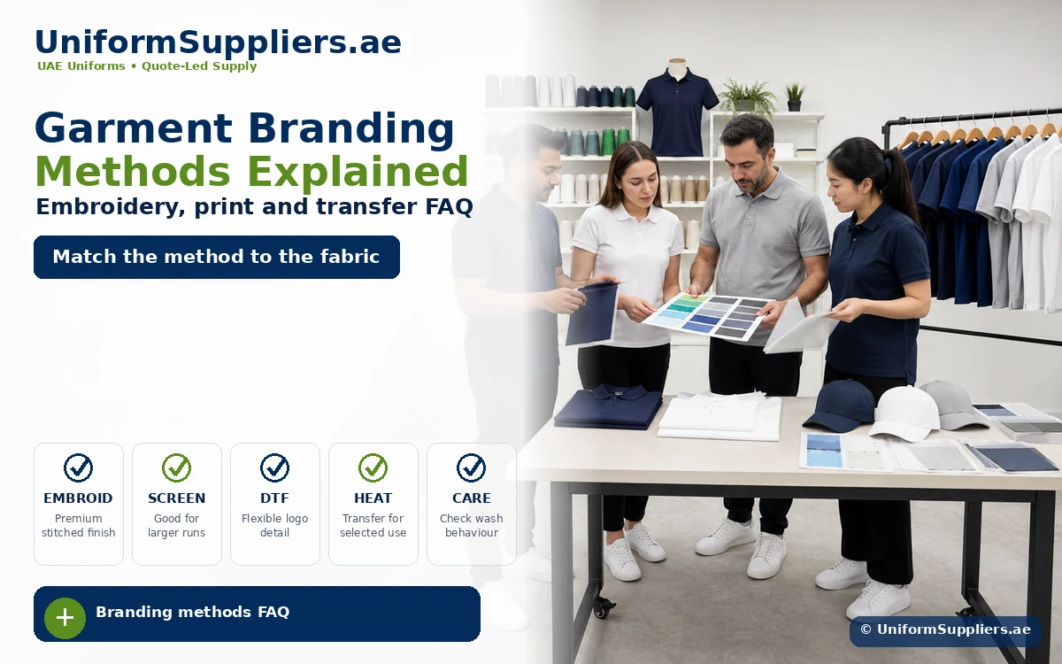 Hero banner for UniformSuppliers.ae: a team in a showroom reviewing fabric swatches on a table with clothing racks in the background, promoting Garment Branding Methods Explained.