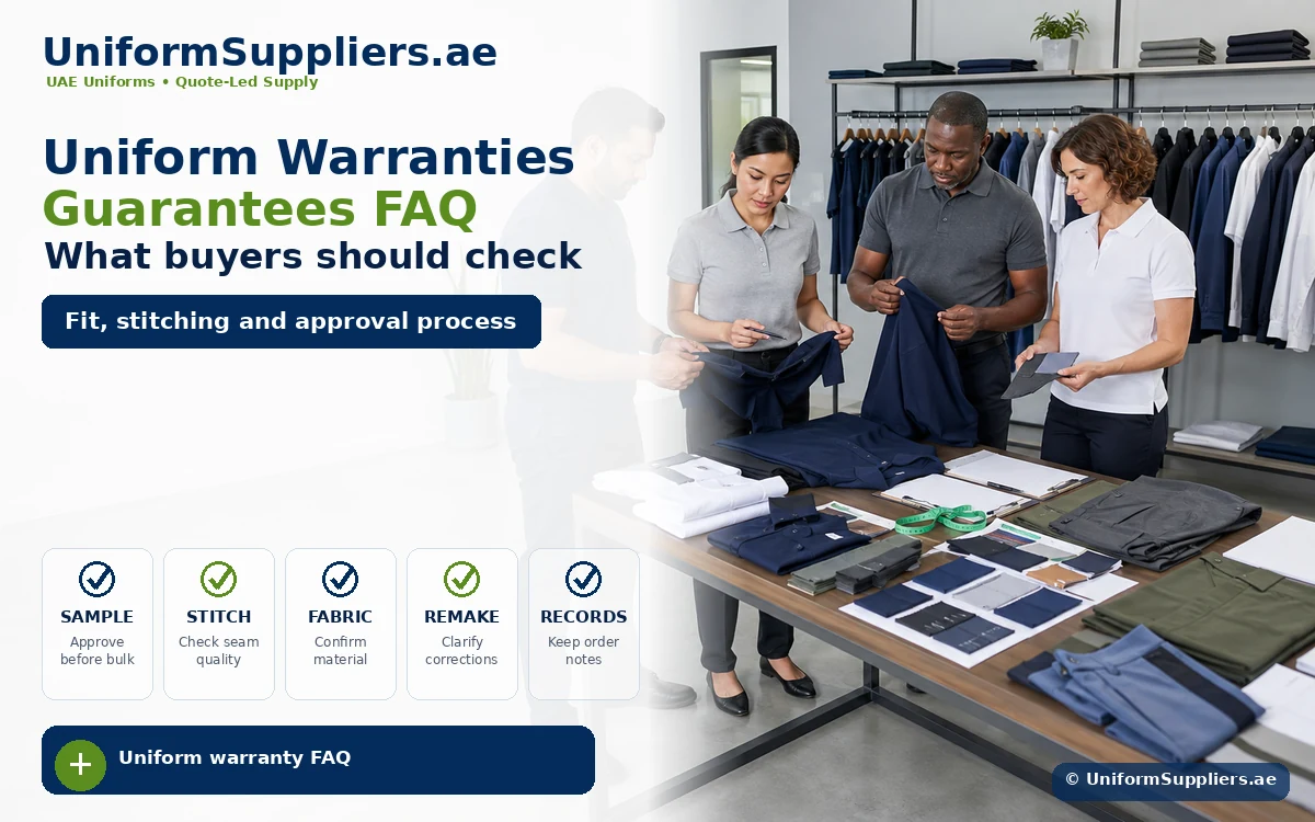 Uniform Suppliers hero: three staff examine navy uniforms at a table with fabric swatches; headline reads 'Uniform Warranties' and 'What buyers should check'.
