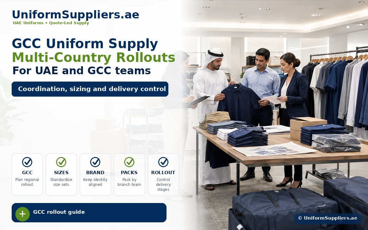 Infographic hero image showing a UAE uniform supplier team coordinating GCC uniform rollout packs and branch deliveries.