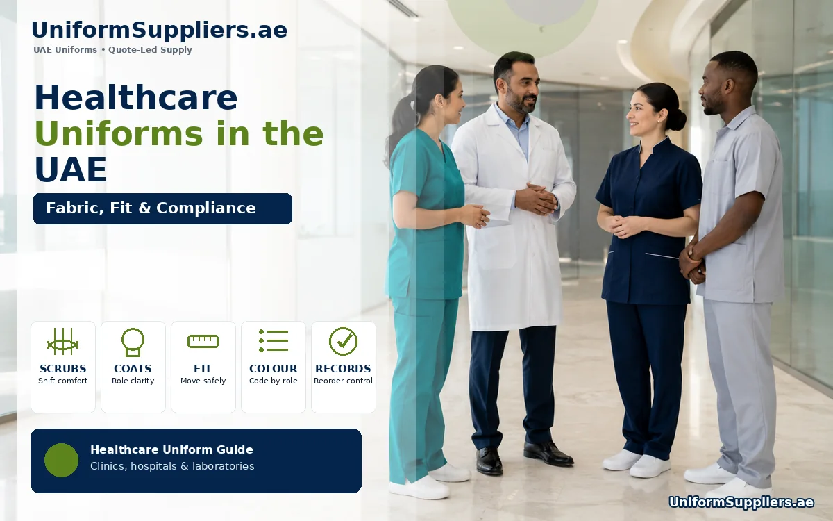 Multinational clinical team in colour-coded scrubs, lab coat and tunic in a modern UAE outpatient clinic