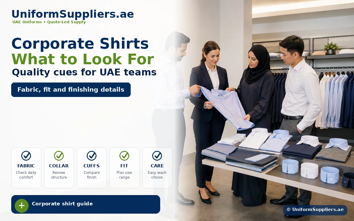 Group of professionals examining a dress shirt in a showroom, with UniformSuppliers.ae branding in the background; dress shirts and accessories on display.