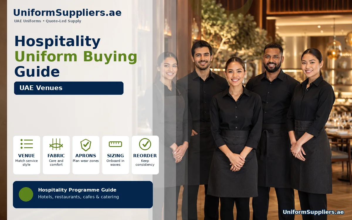 Hospitality team in black service uniforms and plain aprons in a modern UAE restaurant dining room