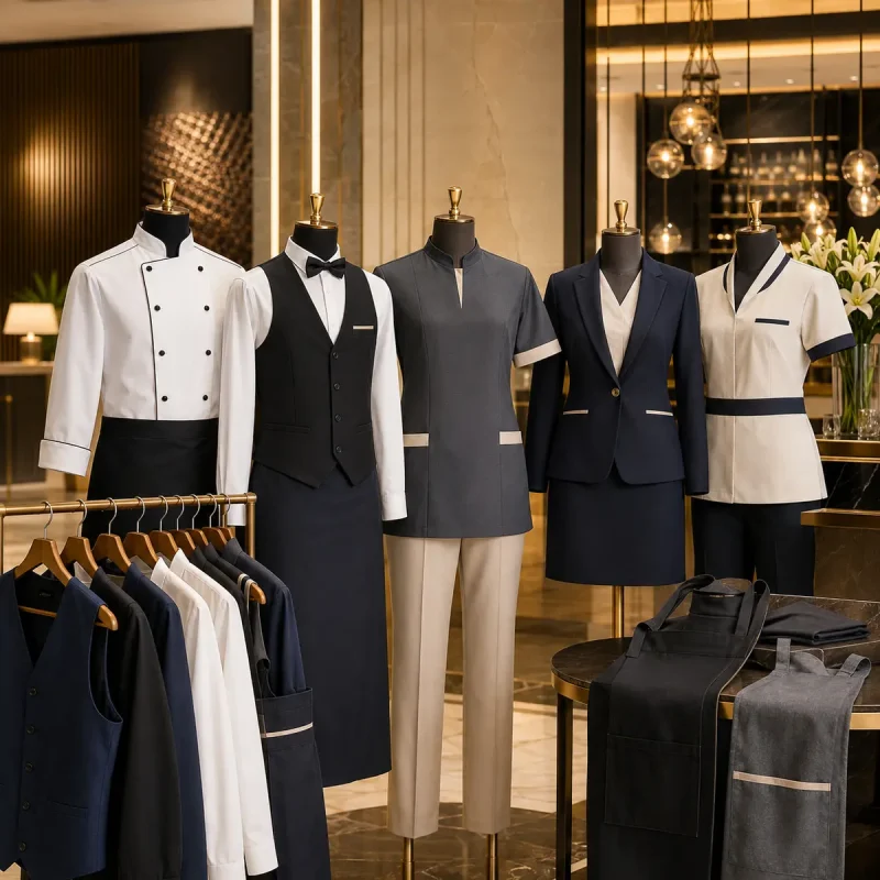 Hospitality uniforms including chef wear, waiter uniforms and hotel staff attire in the UAE