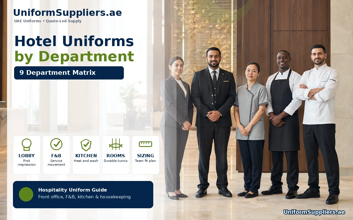 Hotel team in coordinated department uniforms standing together in a bright five-star lobby