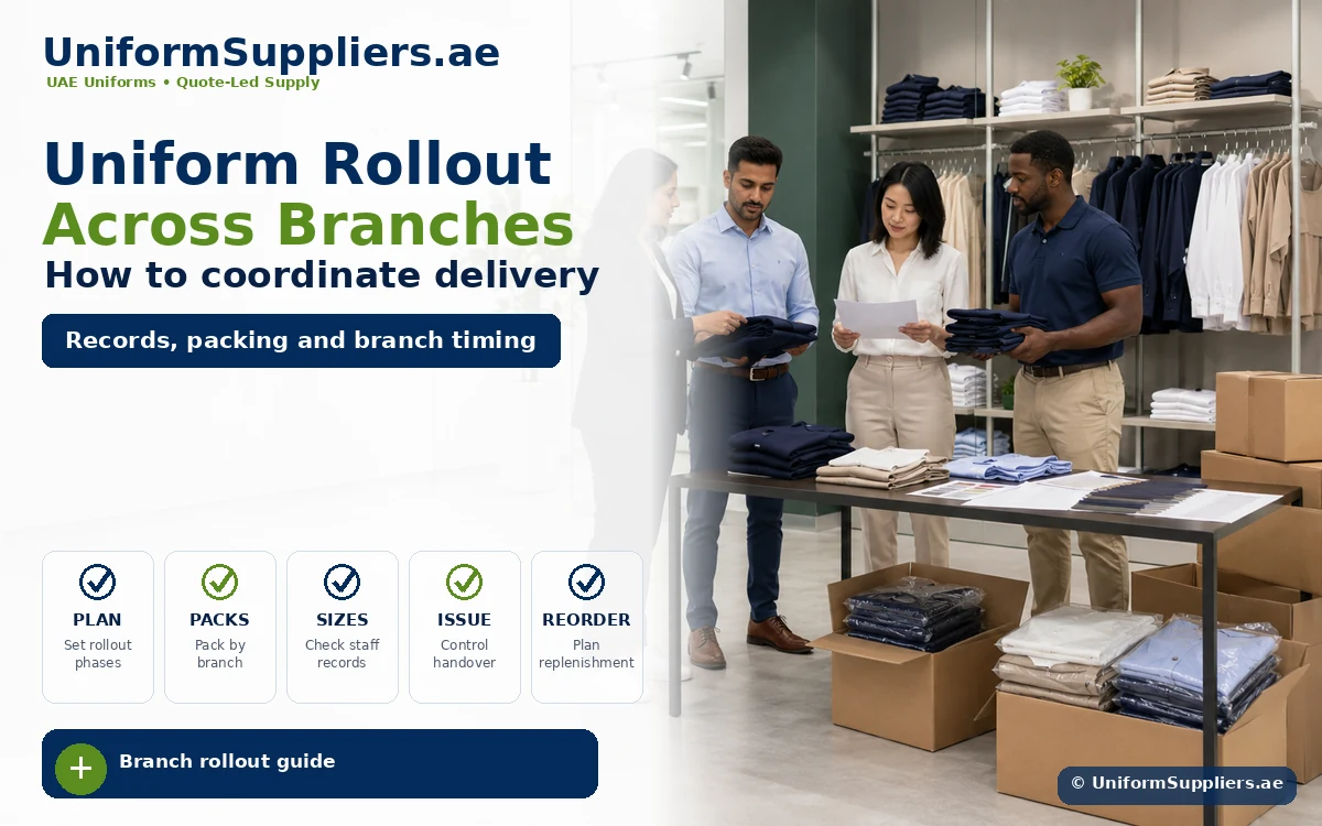 Team of three staff coordinating uniform rollout in a showroom with clothing racks and stacked boxes