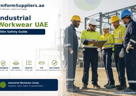 Multinational site crew in high-visibility workwear, helmets and safety boots on a dusty UAE construction site