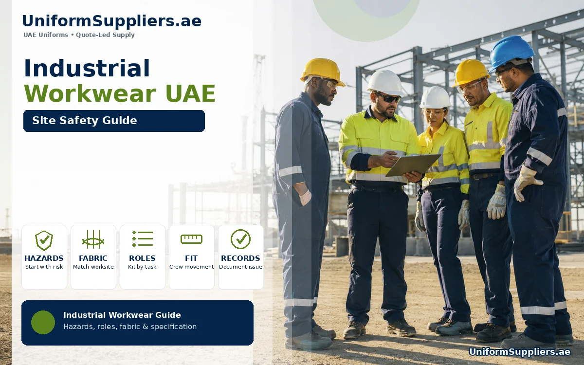 Multinational site crew in high-visibility workwear, helmets and safety boots on a dusty UAE construction site