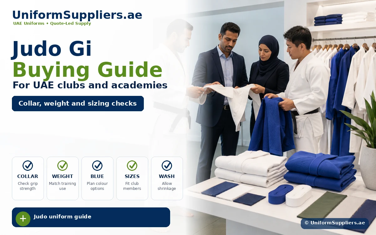 Banner for UniformSuppliers.ae: Judo Gi Buying Guide for UAE clubs and academies, showing staff discussing uniforms with a customer in a shop setting.