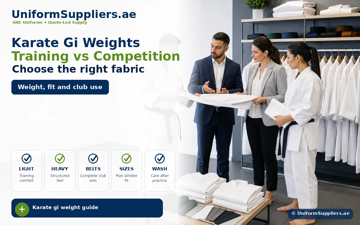 Banner: UniformSuppliers.ae with people in a store comparing karate gi fabrics and weights.