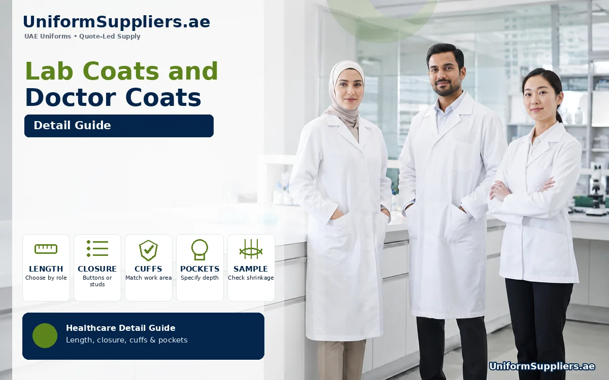 Three professionals wearing white lab coats of different lengths beside a clean laboratory bench