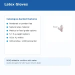 Latex Gloves slide listing catalogue-backed features: powder-free options, natural latex, medical or food-grade, 5–7.5 g, XS–XL sizes, 100 pcs/box or 1,000 pcs/carton, with a glove image on the right.