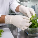 Gloved hands picking fresh cilantro leaves from stems over a clear tray on a stainless steel counter, in a clean prep area.