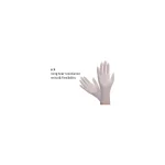 Pair of light-colored gloves with text about tear resistance and flexibility, suggesting glove features.