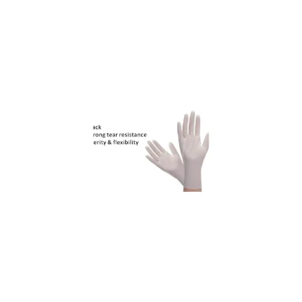 Pair of light-colored gloves with text about tear resistance and flexibility, suggesting glove features.