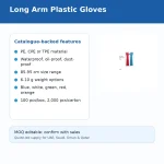 Slide titled 'Long Arm Plastic Gloves' showing a bulleted list of catalogue-backed features (materials, waterproof/dust-proof, sizes, weights, colors, packaging) with a small glove image on the right and an MOQ note.