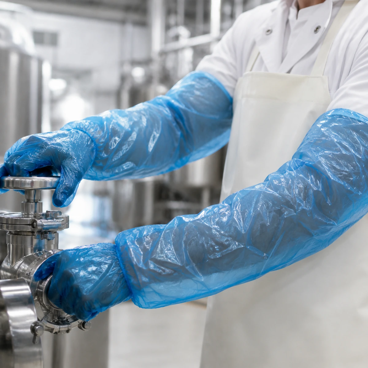 long-arm-plastic-gloves-in-use-uae Worker in a white lab coat and blue disposable gloves adjusts a stainless steel valve in a factory setting