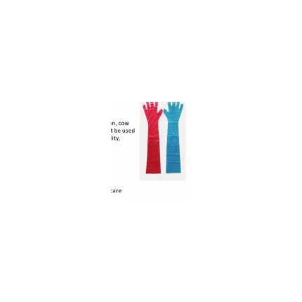 Two long rubber gloves, one red and one blue, laid side by side on a light background.