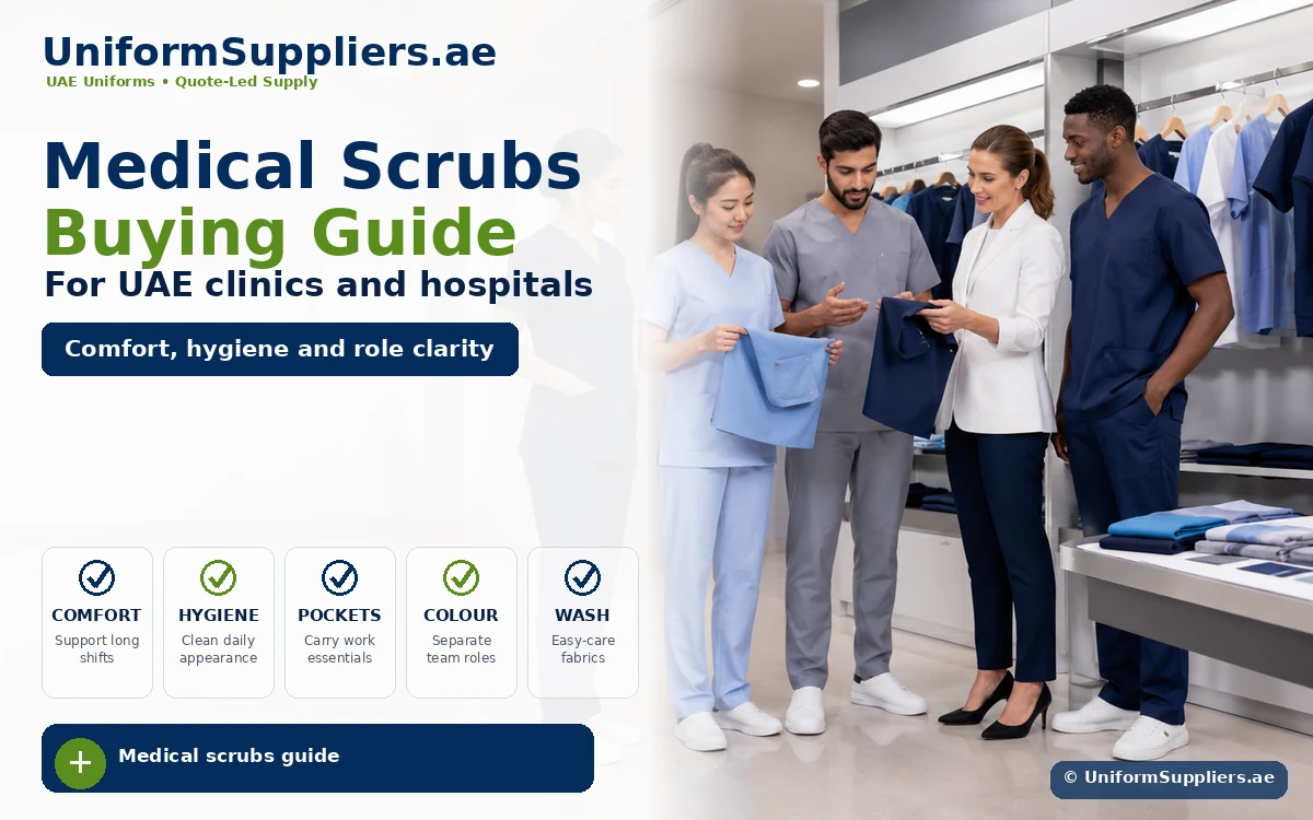 Marketing banner for UniformSuppliers.ae advertising the Medical Scrubs Buying Guide for UAE clinics and hospitals, showing a group of healthcare professionals examining scrubs in a store.