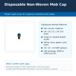 Disposable non-woven mob cap with blue head cover; mannequin head on left, feature bullets on the right.