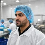 Man in a blue disposable hairnet and white lab coat in a sterile manufacturing environment