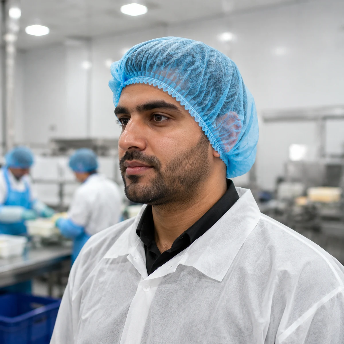 mob-cap-in-use-uae Man in a blue disposable hairnet and white lab coat in a sterile manufacturing environment