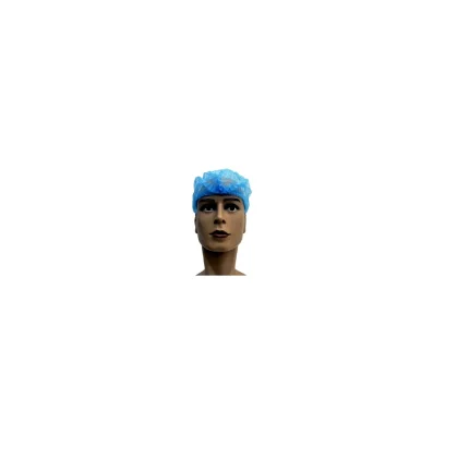 Mannequin head wearing a blue disposable surgical cap used in medical training