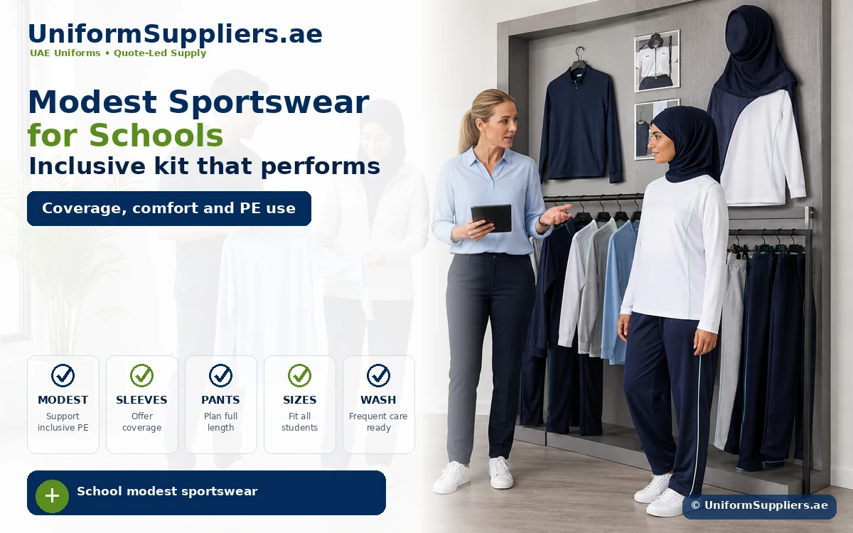 Banner for UniformSuppliers.ae advertising modest school sportswear; two women discuss in a showroom with hijab and clothing racks in the background.