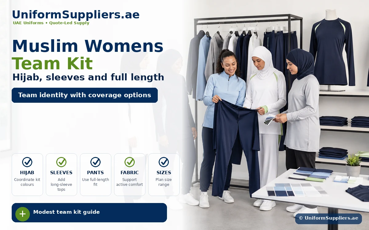 Banner for UniformSuppliers.ae promoting Muslim women's team kit with hijab, sleeves and full-length options; four women examining navy sportswear in a showroom.