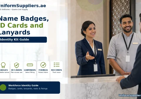 Reception staff in corporate uniforms wearing blank name badges and lanyards with ID cards at a hotel front desk