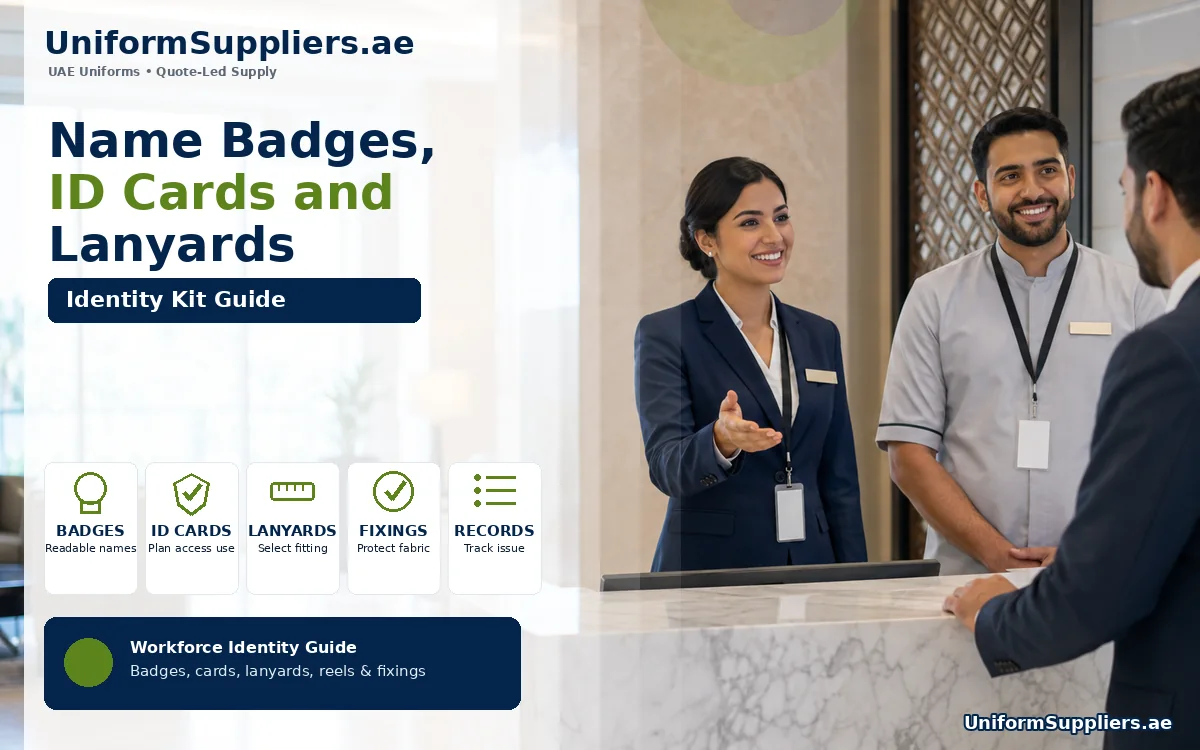 Reception staff in corporate uniforms wearing blank name badges and lanyards with ID cards at a hotel front desk