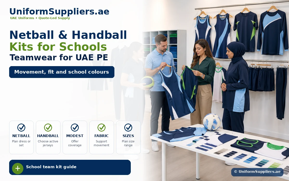 Storefront-style hero showing staff fitting navy and green school netball/handball kits among racks of uniforms; headline highlights Kits for Schools and Teamwear for UAE PE.