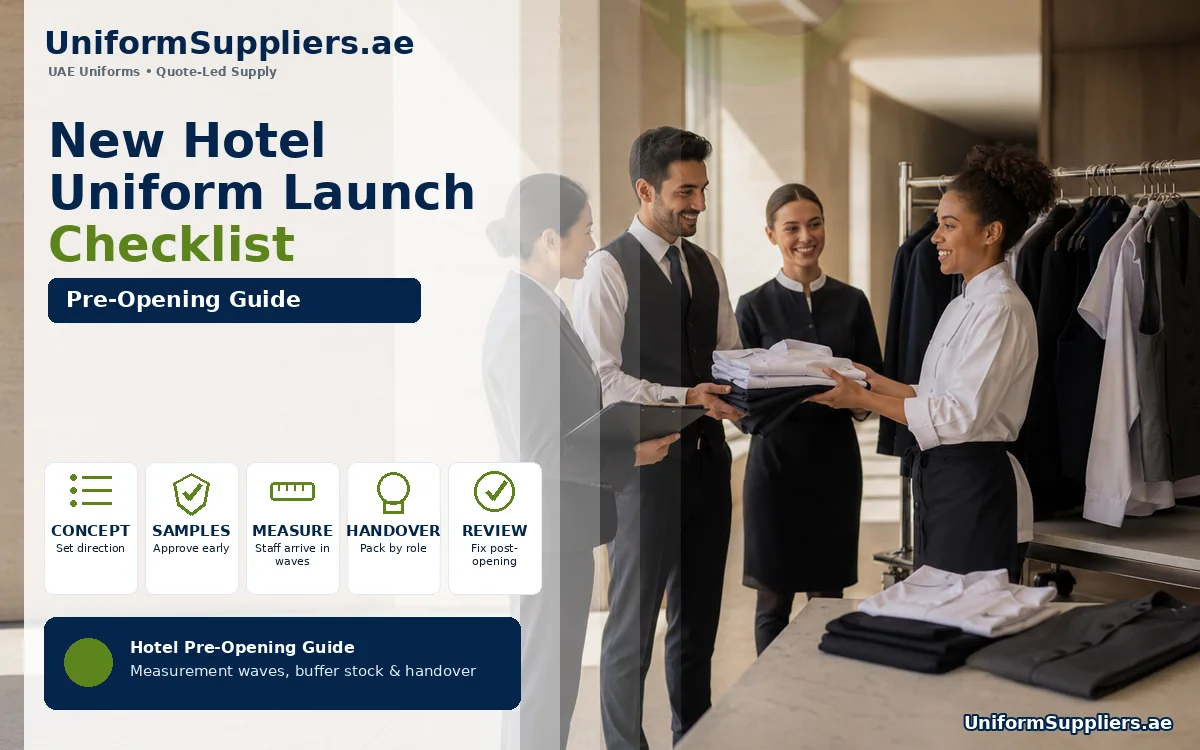 Newly recruited hotel staff collecting fitted uniform sets from a garment rail before a hotel opening