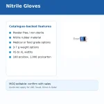 Slide titled 'Nitrile Gloves' with a left-aligned 'Catalogue-backed features' list: powder-free/non-sterile, nitrile rubber, medical/food-grade options, 3–7 g weights, XS–XL widths, 100 pcs/box or 1,000 pcs/carton; small glove swatches image on the right; bottom rounded banner reads 'MOQ editable: confirm with sales' for UAE, Saudi, Oman & Qatar.