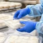 Gloved hands placing a plastic tray of dough balls on a food production line in a bakery setting.
