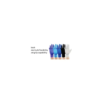 Row of colored gloves (blue to white) illustrating back, flexibility, and wet-grip capability.