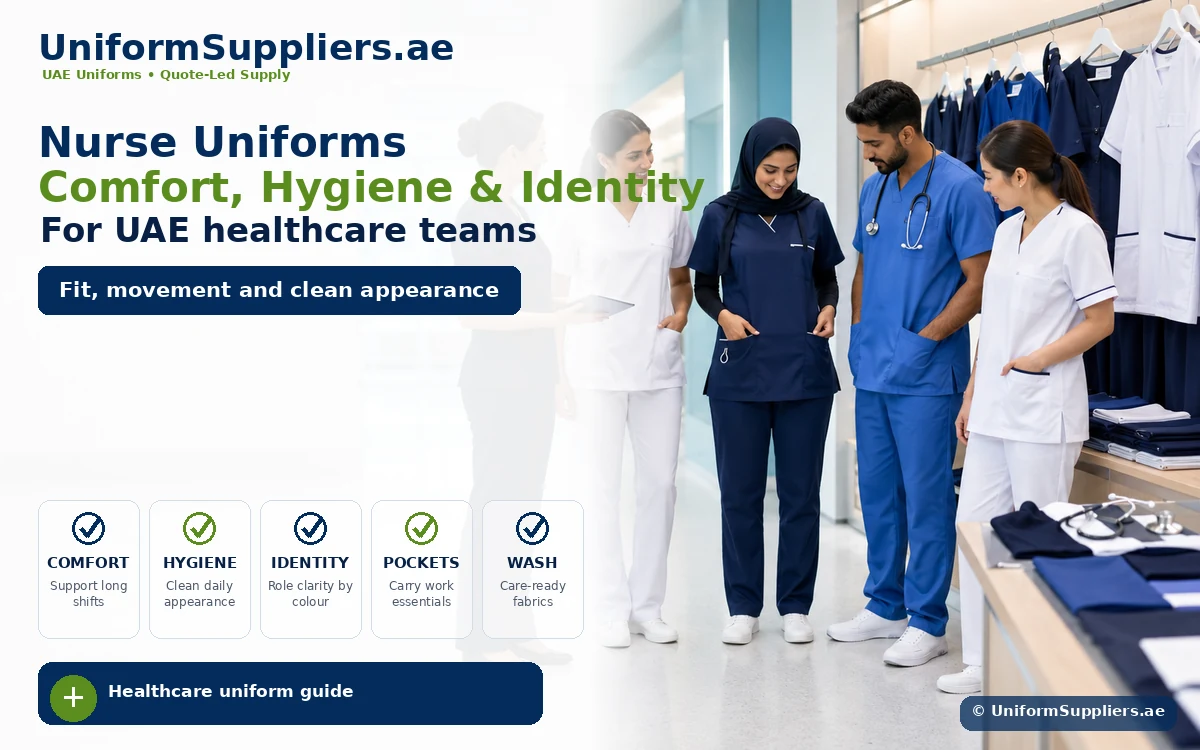Group of healthcare workers in navy blue and white scrubs in a showroom; banner text reads 'Nurse Uniforms Comfort, Hygiene & Identity' with a callout 'Fit, movement and clean appearance'.