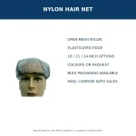 Disposable nylon hair net features including mesh material, sizes, colours and bulk packaging
