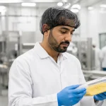 Food production worker wearing a disposable nylon hair net in a hygiene-controlled facility