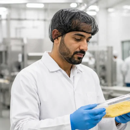 Food production worker wearing a disposable nylon hair net in a hygiene-controlled facility