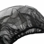 Close-up of open nylon mesh and elastic edge on a disposable hair net