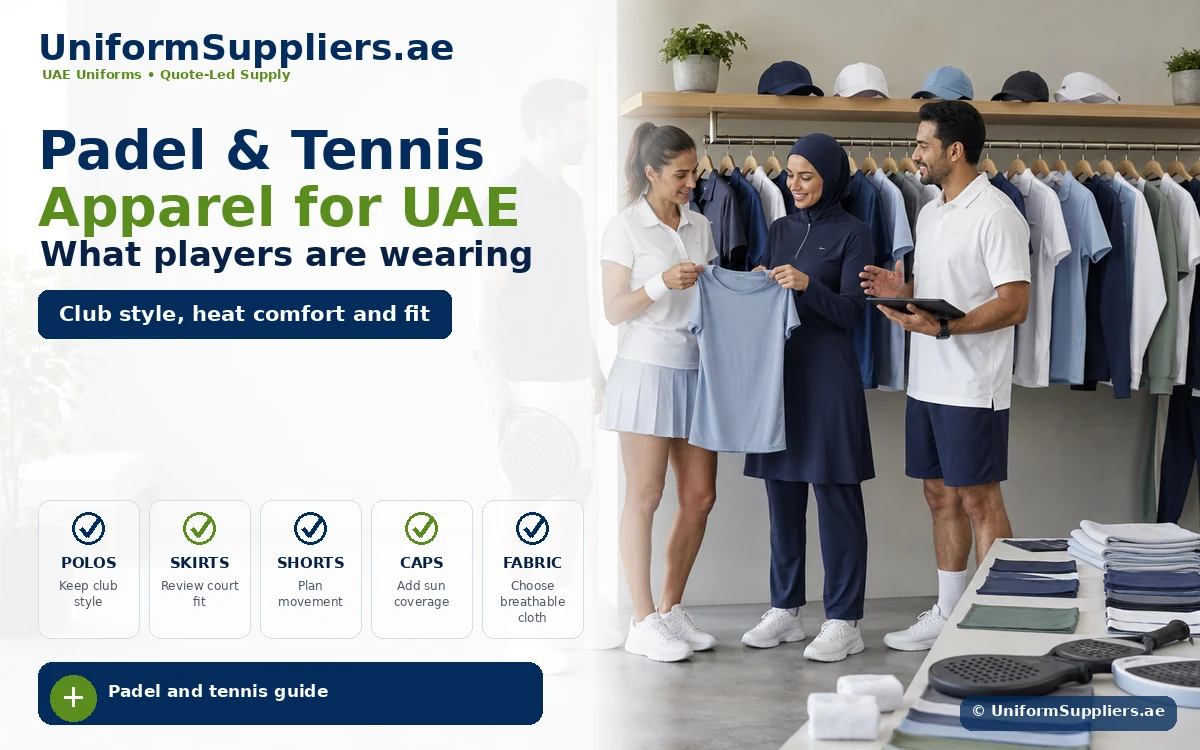 Three people in a sports clothing shop compare a light blue shirt among racks of polo shirts and caps in the background.