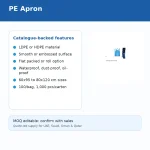 Slide titled 'Catalogue-backed features' listing: LDPE/HDPE material; smooth/embossed surface; flat packed or roll option; waterproof, dust-proof, oil-proof; sizes 60x95 to 80x120 cm; 100 per bag, 1,000 per carton.