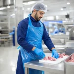 Male worker in blue protective apron, gloves, and hairnet slicing raw meat on a cutting board in a clean meat-processing facility
